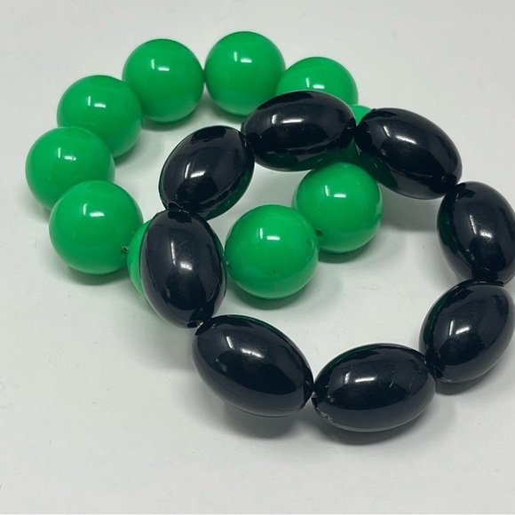 Set Of Two Vintage Chunky Stretchy Bracelets Green/Black Beads - Picture 3 of 5